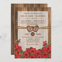 Convite Monograma de Corações de Madeira com Lírios Vermel