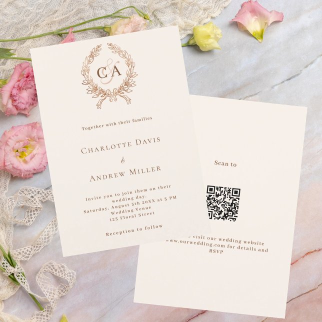 Convite Monograma de crista bege QR RSVP casamento de luxo (Criador carregado)
