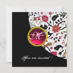 Convite MONOGRAMA DE DAMASCO PRETO E BRANCO, rubi vermelho