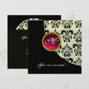 Convite MONOGRAMA DE DAMASCO PRETO E BRANCO, rubi vermelho