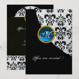 Convite MONOGRAMA DE DAMASCO PRETO E PRATA, safira azul