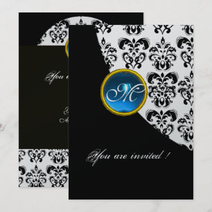 Convite MONOGRAMA DE DAMASCO PRETO E PRATA, safira azul