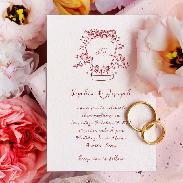 Convite Monograma de Desenho de Mão Vermelha Whimsical | C (Criador carregado)