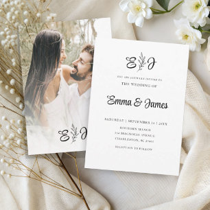 Convite Monograma de Foto de Casamento Preto e Branco Eleg