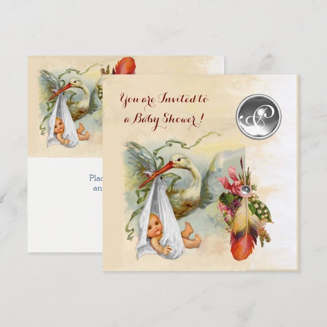 CONVITE MONOGRAMA DE GEMSTONE BRANCA COM CHÁ DE FRALDAS DE (Frente/Verso)