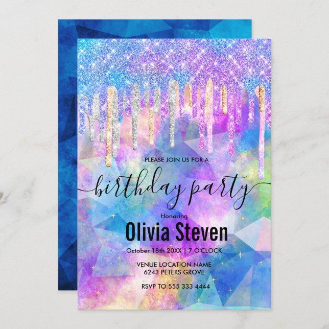 Convite Monograma de gotejamento de unicórnio azul-quic (Frente/Verso)