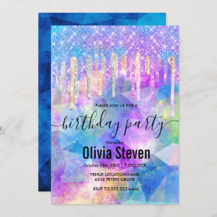 Convite Monograma de gotejamento de unicórnio azul-quic