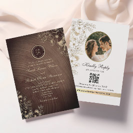 Convite Monograma de Madeira Escura Foto QR Casamento