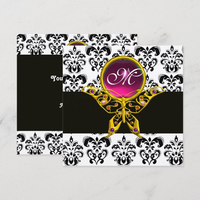 Convite MONOGRAMA DE MANTEIGA HÍPICA, damasco branco preto (Frente/Verso)