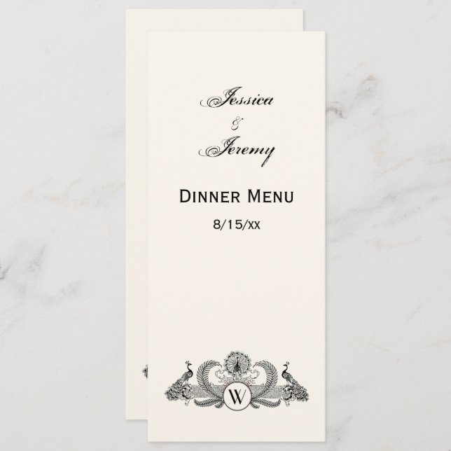 Convite Monograma de Pavões Antigos Marfim BG (Frente/Verso)