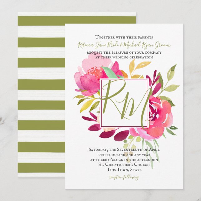 Convite Monograma de Quadros Quadrados de Rosa de Bright T (Frente/Verso)