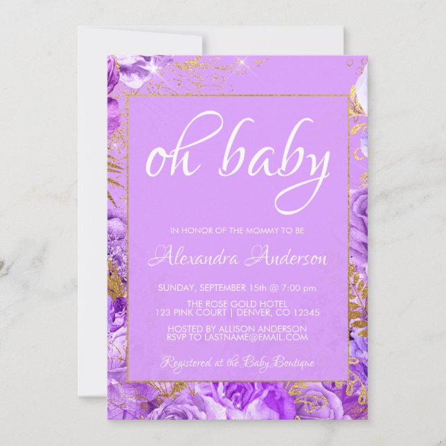 Convite Monograma de Rosas Florais Roxos (Frente)