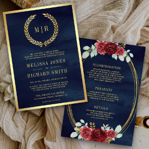 Convite Monograma de Rosas Vermelhas Tudo em Um Casamento