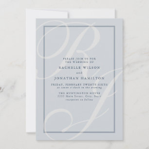 Convite Monograma de Script de Casamento Azul Elegante