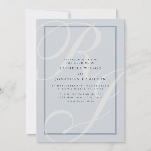 Convite Monograma de Script de Casamento Azul Elegante (Frente)
