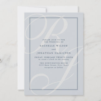 Convite Monograma de Script de Casamento Azul Elegante