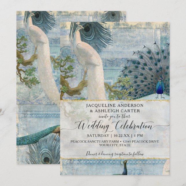 Convite Monograma de Script Vintage Elegante Pavão Branco  (Frente/Verso)