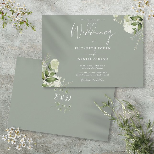 Convite Monograma de Vegetação Botânica Verde Sálvia Casam (Sage Green Botanical Greenery Monogram Wedding Invitation)