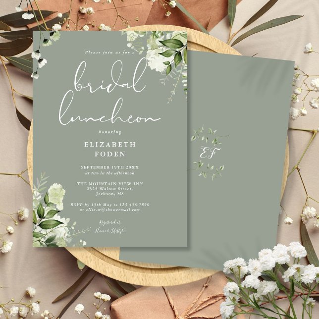 Convite Monograma de Verdura Verde Sage Almoço de Noiva (Greenery Monogram Sage Green Bridal Luncheon Invitation)