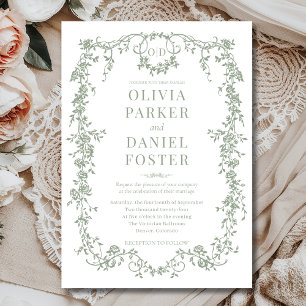 Convite Monograma do Casamento Verde Sage francês vitorian
