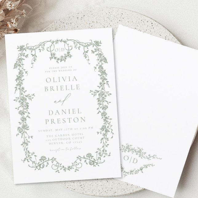 Convite Monograma do Casamento Verde Sage francês vitorian (Criador carregado)