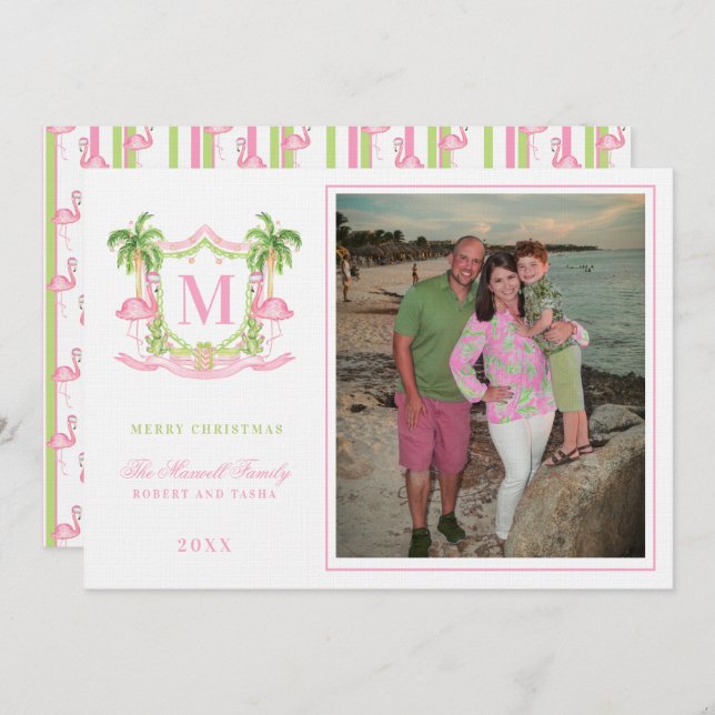 Convite Monograma do Flamingo Crest de Pré-Papoila de Nata (Frente/Verso)