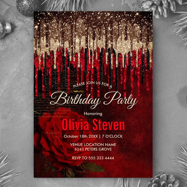 Convite Monograma do ouro de flores vermelhas quic (Criador carregado)