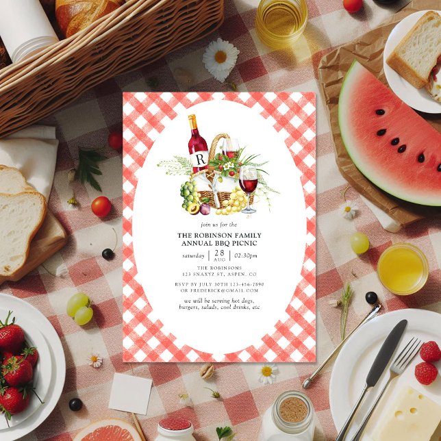 Convite Monograma do Picnic do CHURRASCO Rustic Red Gingha (Rustic Red Gingham BBQ Picnic Monogram Invitation)