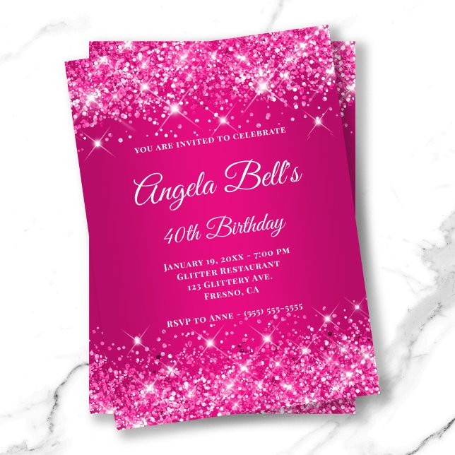 Convite Monograma do Rico de framboesa rosa-quente com bri (Glittery Hot Pink Raspberry Ombre Fancy Monogram Invitation)