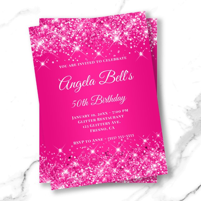Convite Monograma do Rico de Mão Rosa Quente da Glittery (Glittery Hot Pink Ombre Fancy Monogram Invitation)