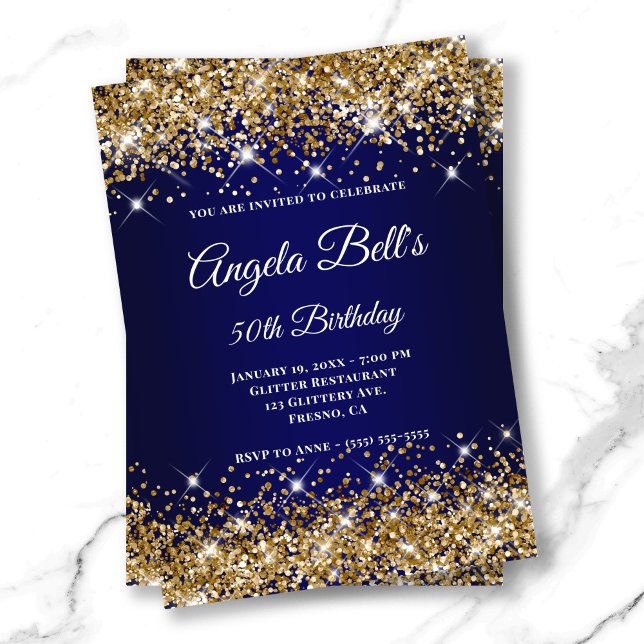 Convite Monograma do Rico de Ombro Azul com Marinho brilha (Gold Glitter Navy Blue Ombre Fancy Monogram Invitation)