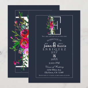 Convite Monograma E Última Inicial Moderna Floral Azul Cas