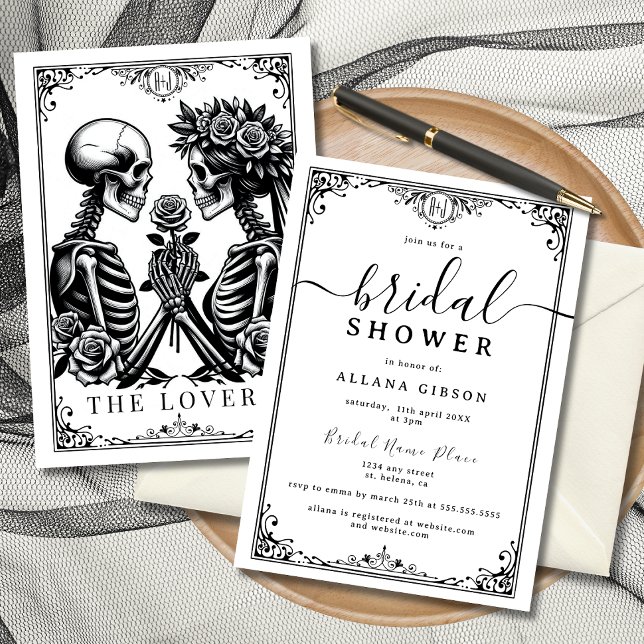 Convite Monograma Elegante Até A Morte Nos Partir De Um In (Elegant tarot-inspired bridal shower invitations featuring skeleton lovers.)