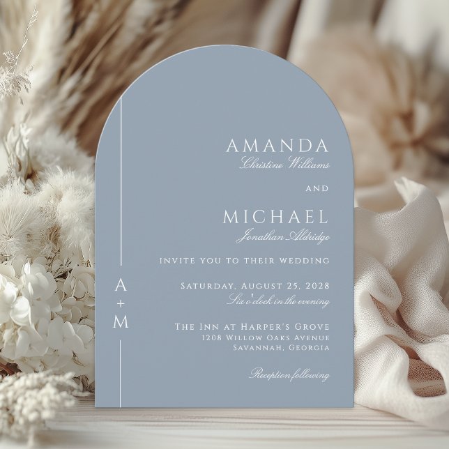 Convite Monograma Elegante Azul Simples Monograma QR Casam (Available in both printed and instant download digital formats.)