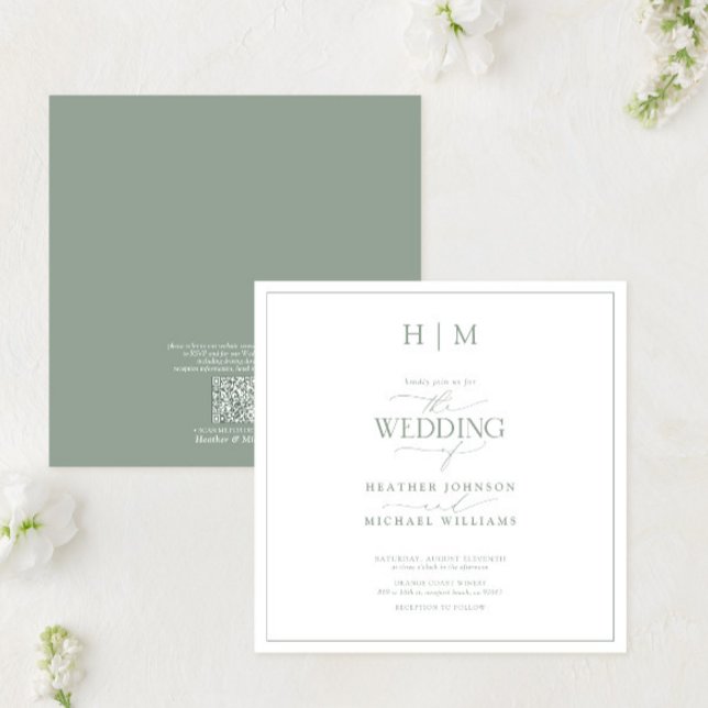 Convite Monograma Elegante de Caligrafia Verde de Código Q (Criador carregado)