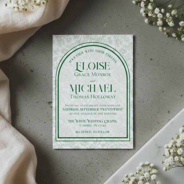 Convite Monograma Elegante em Toile Floral com Letra em Sc (Elegant Floral Toile Script Monogram Green Wedding Invitation)