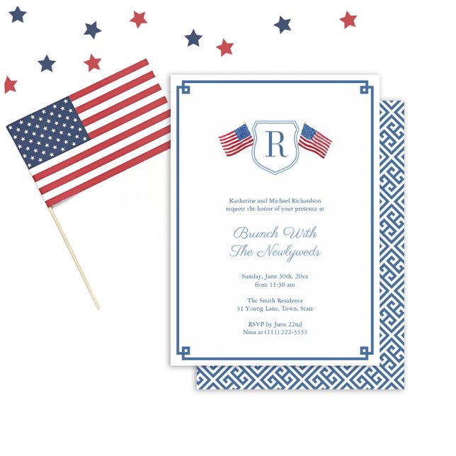 Convite Monograma elegante EUA Flag Newlyweds Brunch Wedch (Elegant Monogram Brunch With The Newlyweds Wedding Invitation in red white and blue for labor day)