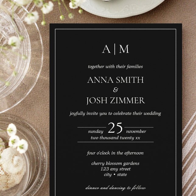 Convite Monograma Elegante preto e branco mínimo clássico (All Black Classy Wedding Invitation)