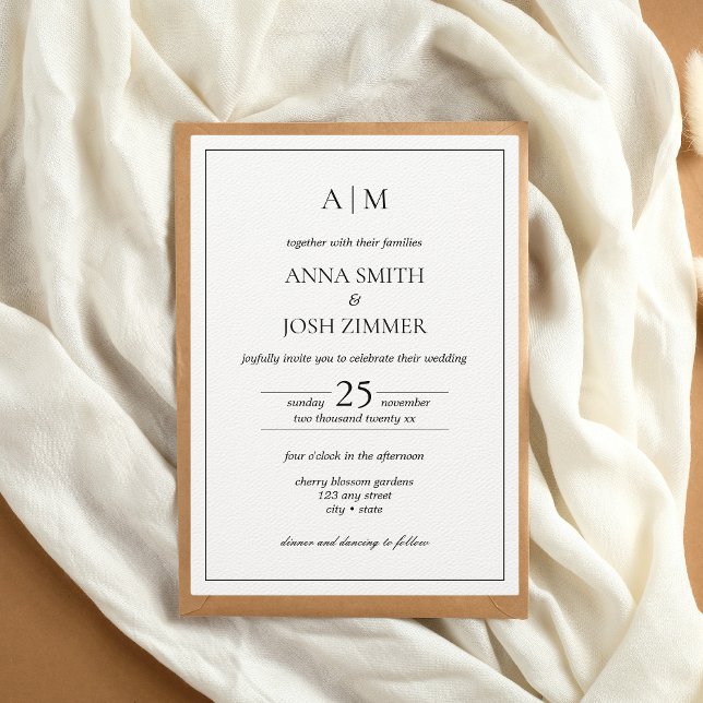 Convite Monograma Elegante preto e branco mínimo clássico (Elegant Classy Black and White Wedding Invitation)