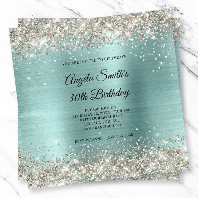 Convite Monograma em Folha de Turquesa Pálido com Brilho d (Platinum Glitter Pale Turquoise Foil Monogram Invitation)