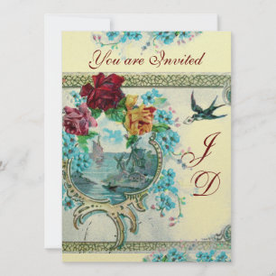 CONVITE MONOGRAMA FLORAL AZUL BRANCO ROMÂNTICO DO