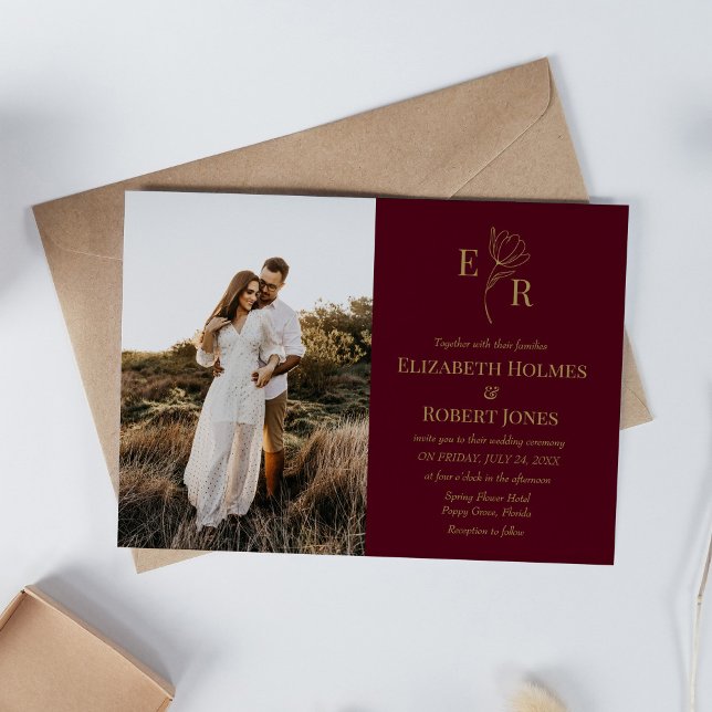 Convite Monograma Floral Borgonha Foto Salva a Data (Burgundy Floral Monogram Custom Photo Wedding Invitation on neutral boho wedding table.)