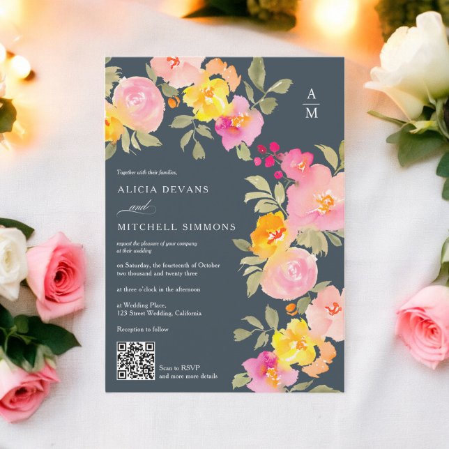 Convite Monograma floral cinza de foto de código Qr (Floral monogram Qr code photo gray wedding Invitation)