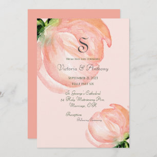 Convite Monograma Floral Cor-de-Água com Blush Cor-de-Rosa