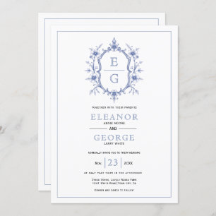 Convite Monograma floral da crista azul monograma Código Q