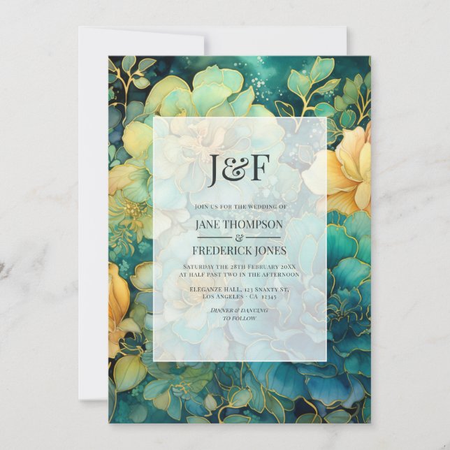 Convite Monograma Floral de Casamento com Verdigris e Dour (Frente)