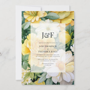 Convite Monograma Floral de Casamento em Amarelo, Branco e