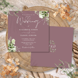Convite Monograma Floral de Folhagem Roxa Quadrado Casamen