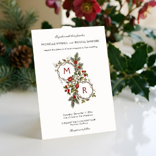 Convite Monograma Floral de Natal de Inverno Elegante Vint