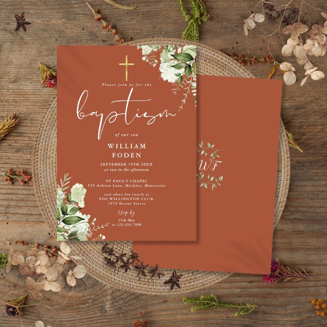 Convite Monograma Floral de Verde Terracota Batismo (Terracotta Greenery Floral Monogram Baptism Invitation)
